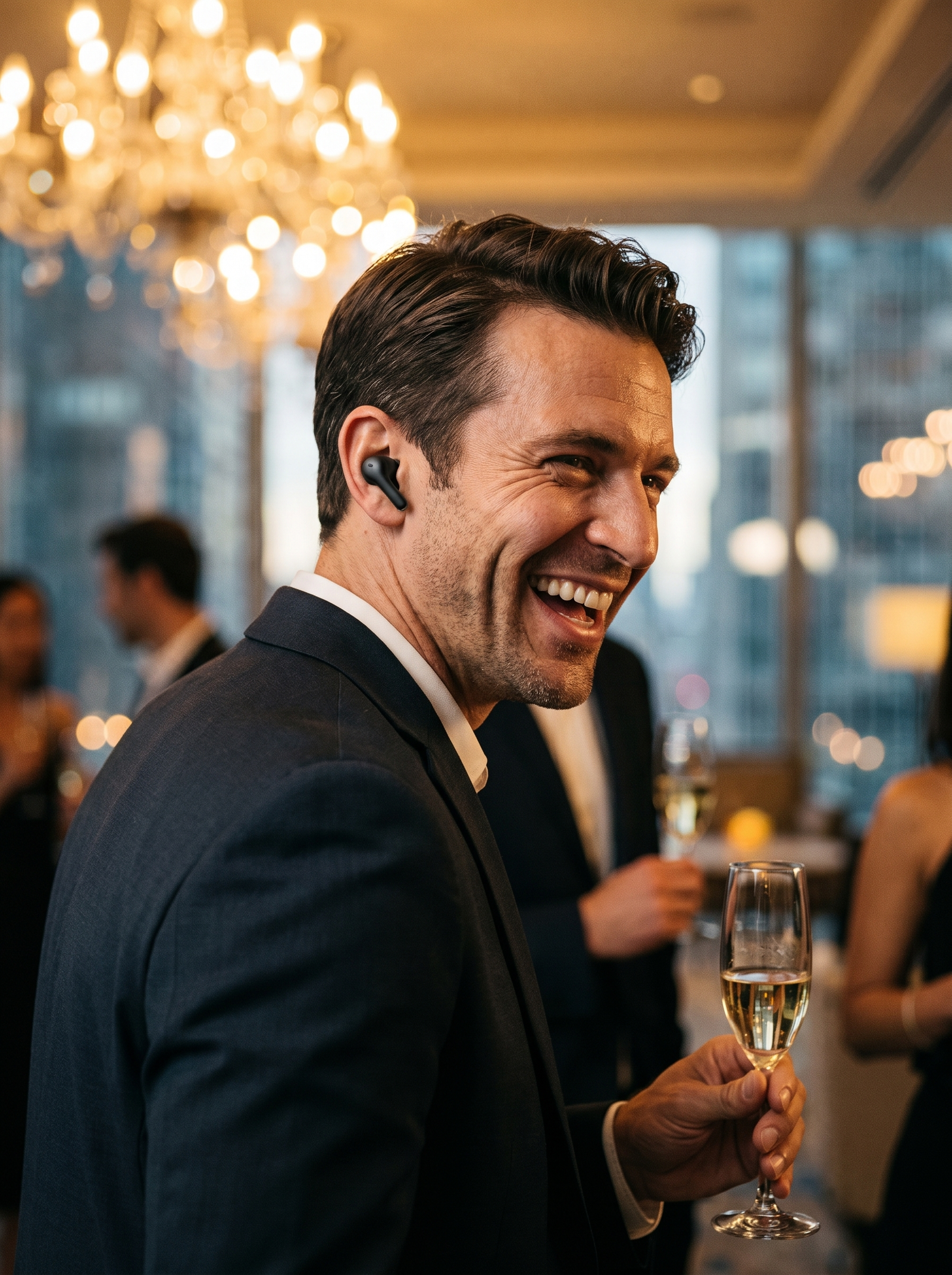 Man wearing Cyrano earbuds at a cocktail party
